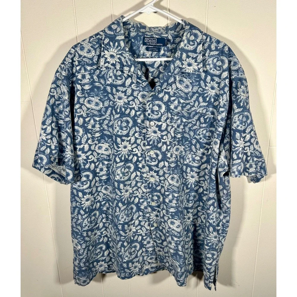 Vintage Polo Ralph Lauren Caldwell Mens XXL Blue White Floral Cotton Camp Collar